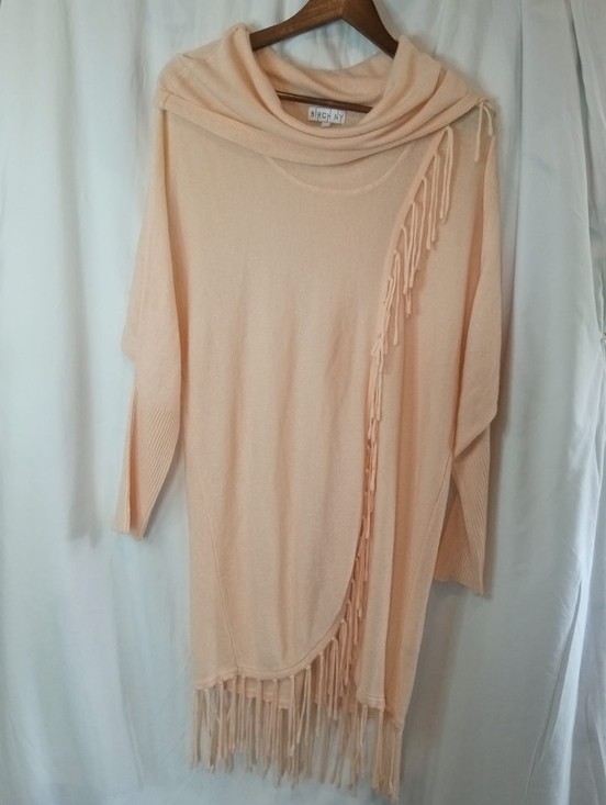 birch ny Sweaters - Peach Cowl Neck Fringe Tunic Sweater Lightweight Lagenlook Neutral Preppy Soft